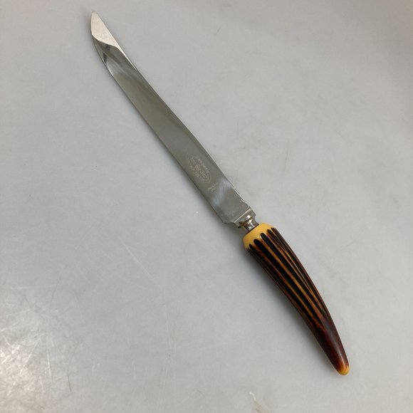 Crown Crest Sheffield 3 Pc Carving Set Stainless Steel Blades Horn Handles Vint - Picture 5 of 6